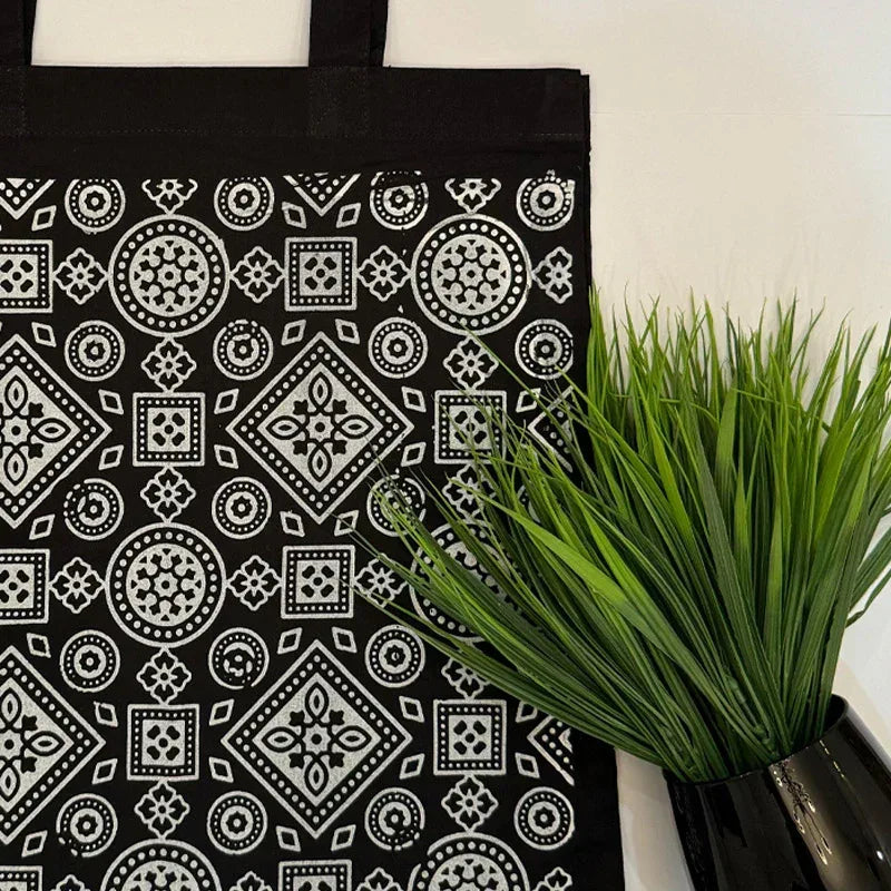 Printed Cotton Canvas Tote Bag - Black - Umbrella Outdoors