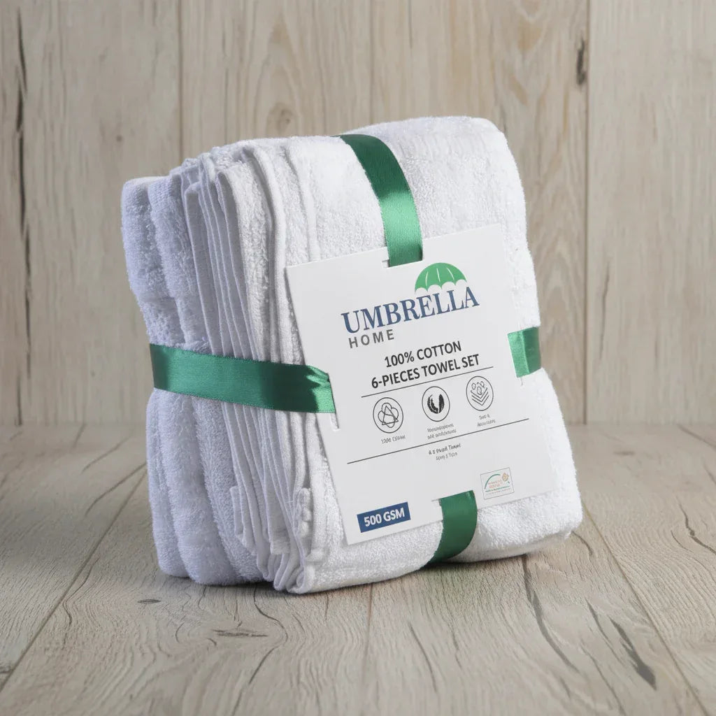 Pack of 6 Hand Towel Set Pure 100% Cotton - White - Umbrella Outdoors