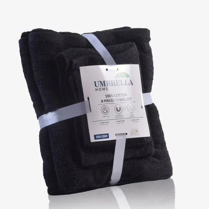 Pack of 8 Family Terry Towel Set Pure 100% Cotton - Black