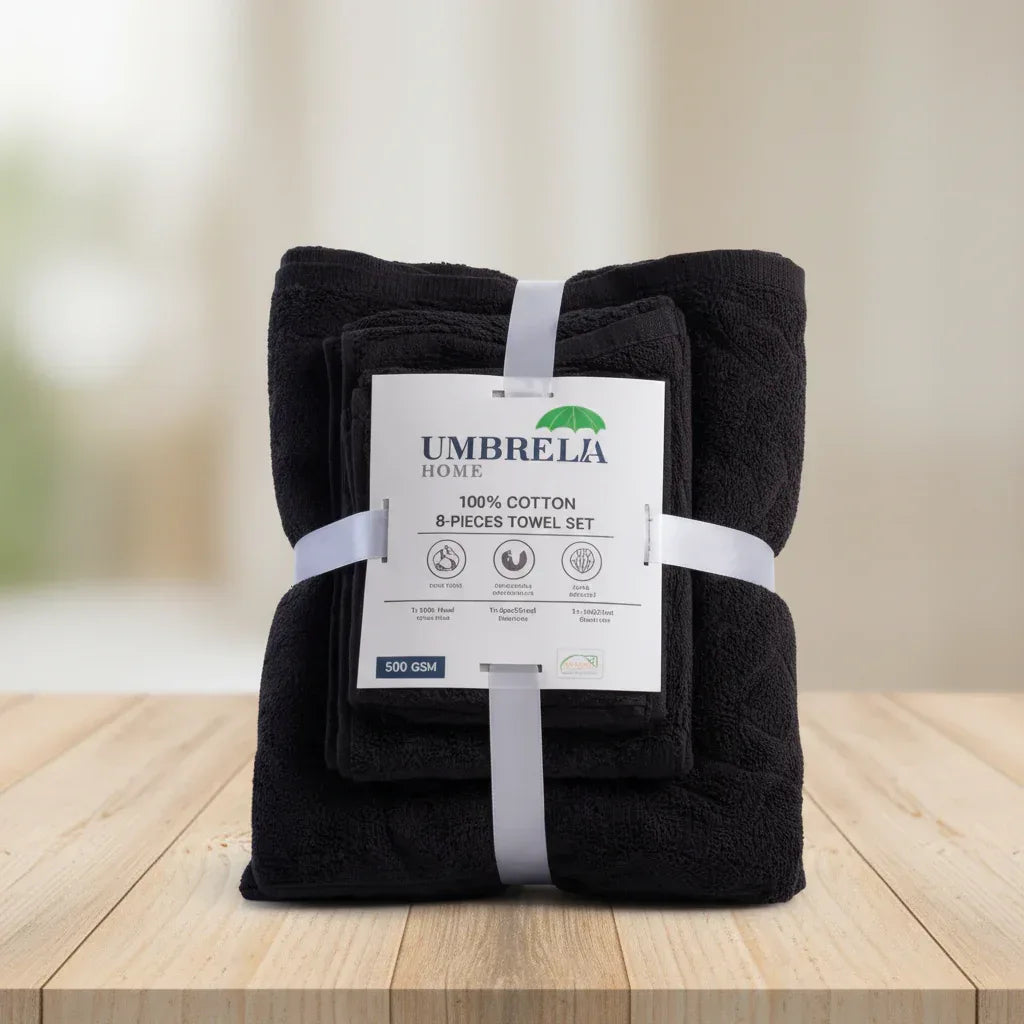 Pack of 8 Family Terry Towel Set - 100% Cotton - White - Umbrella Outdoors